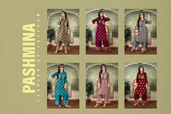 Ft Pashmina  Latest Fancy Designer Festive wear Rayon Foil Printed Kurti With Bottom Collection
